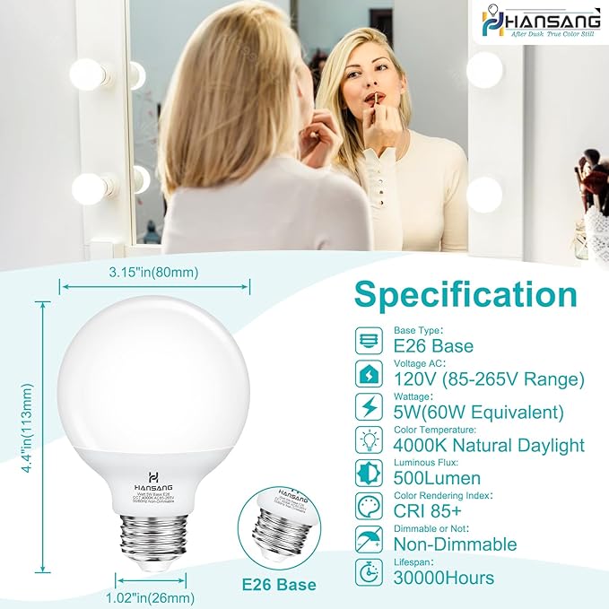 hansang 8 Pack G25 LED Globe Light Bulbs 4000K Natural Daylight, E26 Base Bathroom Light Bulb, 60W Incandescent Equivalent, Vanity Mirror Round Light Bulbs, 500LM, Non-Dimmable