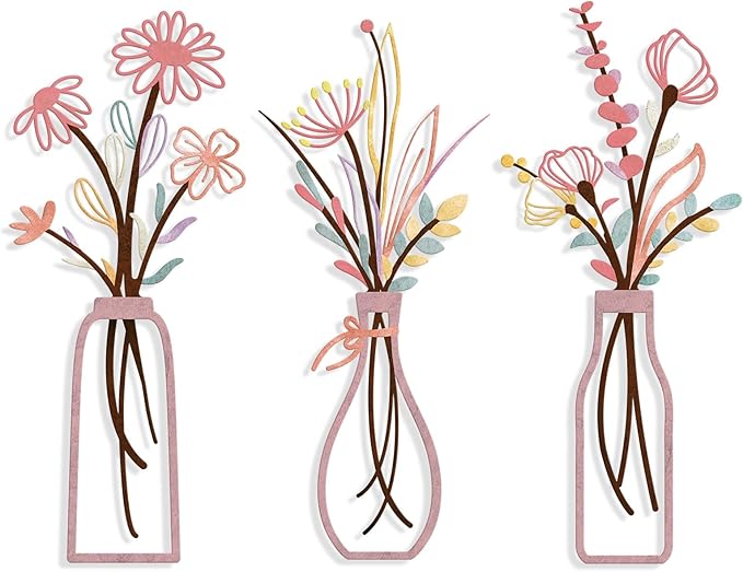 Pigort 3 Pieces Metal Flowers Wall Arts - Rustic Farmhouse Style Décor Metal Wall Art Black Minimalist Flower Natural Themed Wall Decors for Home Bedroom Dining Room Housewarming (Pinkish)