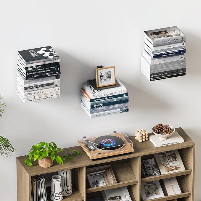Floating Book Shelves for Wall, 2 Tier Invisible Floating Bookshelf, Vertical Spine Book Tower, Wall Mounted & Space Saving, Heavy Duty Metal Book Organizer for Home Office, 1 Pack Black