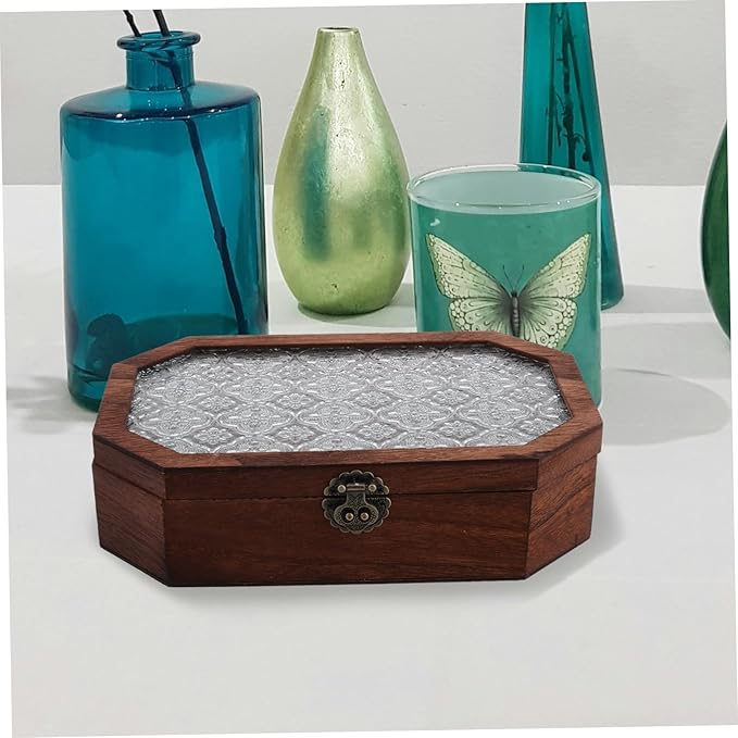 VALICLUD Wooden Decorative Storage Box Vintage Jewelry Box Hinged Lid Makeup Organizer Vanity Decor