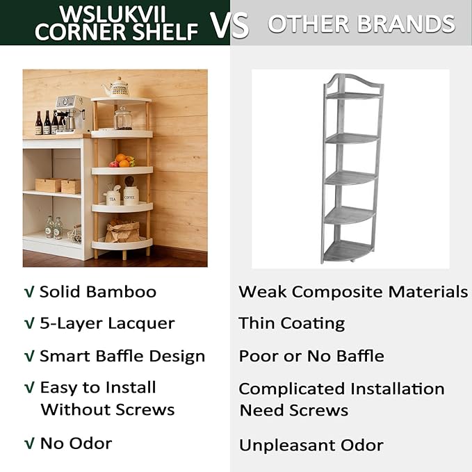 Bamboo 5-Tier Corner Shelf Stand with 5-Layer Lacquer & 4 Sturdy Legs, Space-Saving Durable Corner Rack Organizer for Bathroom, Kitchen, Bedroom, Living Room, Easy Clean Display Shelf Organizer