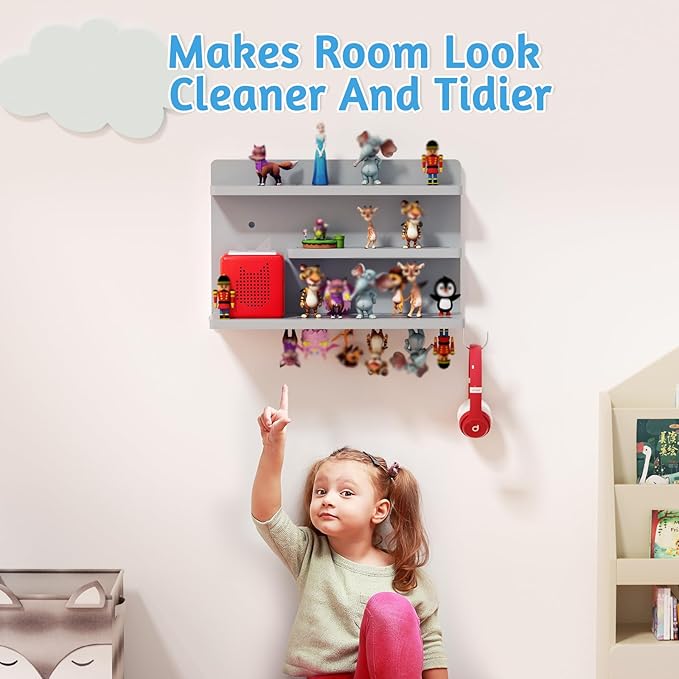 for Tonies Shelf Magnetic - Tonies Figure Organizer for Kids Room, Wooden Magnetic Display Shelf for Tonies Box Holder, Wall Floating Shelves Toy Storage Compatible Charging Station (3 Tier, Grey)