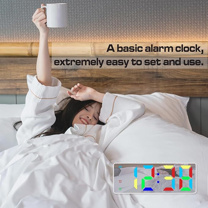 Digital Alarm Clock, Mirror Surface LED Electronic Clocks Large Display, Adjustable Brightness, Dual Power Supply, Snooze Model for Bedroom, Desk, Office (White Case + Dynamic Digit)