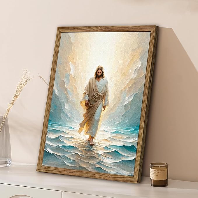 Framed 3D Textured Jesus Walking On Water Wall Art, Hand Drawn Sandstone Christian Wall Decor Painting Religious Savior Pictures for Living Prayer Room Bedroom 16x24 in Wood Framed