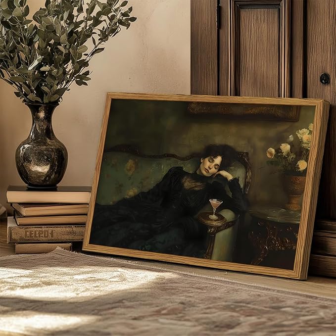 Framed Vintage Wall Art, Dark Academia Woman Martini Pictures Wall Decor, Victorian Feminine Lying on Couch Paintings Canvas Prints Moody Home Decor for Living Room Bedroom 16x24 inch