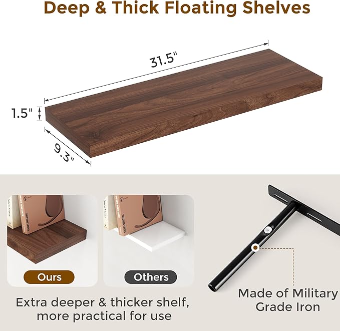 Fun Memories 32" W x 9.3" D Floating Shelves, Rustic Wood Deep Shelves for Bedroom, Kitchen, Living Room, Long Floating Shelf for Wall, Storage Display Wall Shelf for Books Decor, Walnut