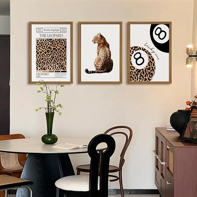 Trendy Leopard Wall Art Cheetah Print Canvas Wall Decor 8 Ball Poster Preppy Room Aesthetic Pictures Funky Coquette Vintage Prints Y2k Fashion Lucky Posters for Bedroom 12x16x3 Inch Framed