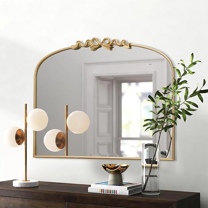 Besdomus Antique Arched Large Mirror: 36"x29" Gold Bow Vintage Wall Mounted Mirror - Baroque Traditional Ornate for Fireplace/Bathroom/Living Room - Home Decor for HFashion-Conscious