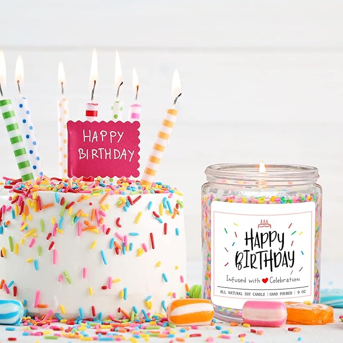 Homsolver Happy Birthday Gifts for Women Men, Vanilla Cream Scent with Sprinkles Candy Birthday Candles, Unique Best Friend Idea Gifts, Handmade Candle Decor