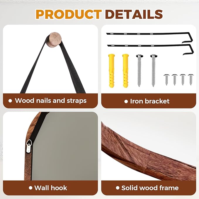 16"x48" Oval Full Length Mirror Solid Wood Wall Mirror with Hanging Strap for Living Room Bathroom Bedroom Entryway - Brown