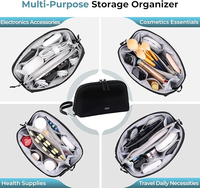 FYY Travel Cable Organizer - 8 Compartments Lightweight Water Resistant Tech Pouch with Wrist Strap Portable Electronic Accessories Case for Cord Charger Storage for Travel Home Office Black (Medium)