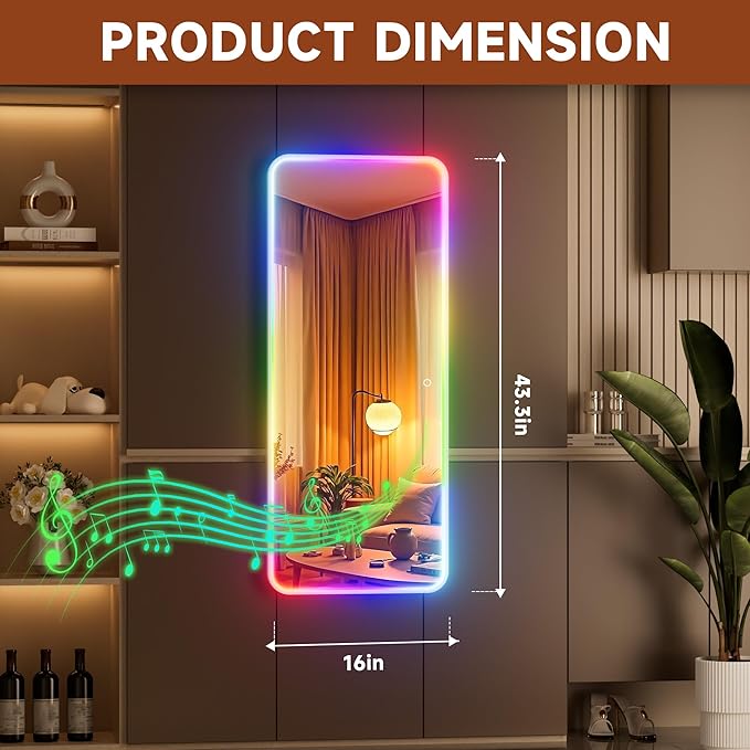 Hasipu 43"x16" LED RGB Bluetooth Door Mirror Full Length, Full Body Full Length Over The Door Mirror with Lights, Door Hanging & Wall Mounted Mirror for Bedroom, Living Room, Cloakroom