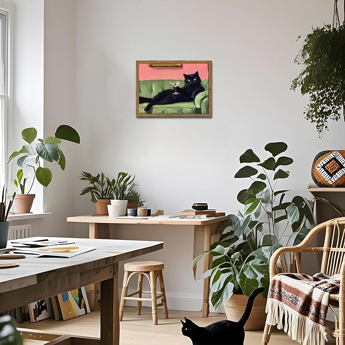 Funny Black Cat Martini Wall Art, Bar Cart Decor, Eclectic Cocktail Painting Canvas Print, Cute Animal Artwork Picture for Bedroom Living Room Kitchen 12x16 inch Wood Framed