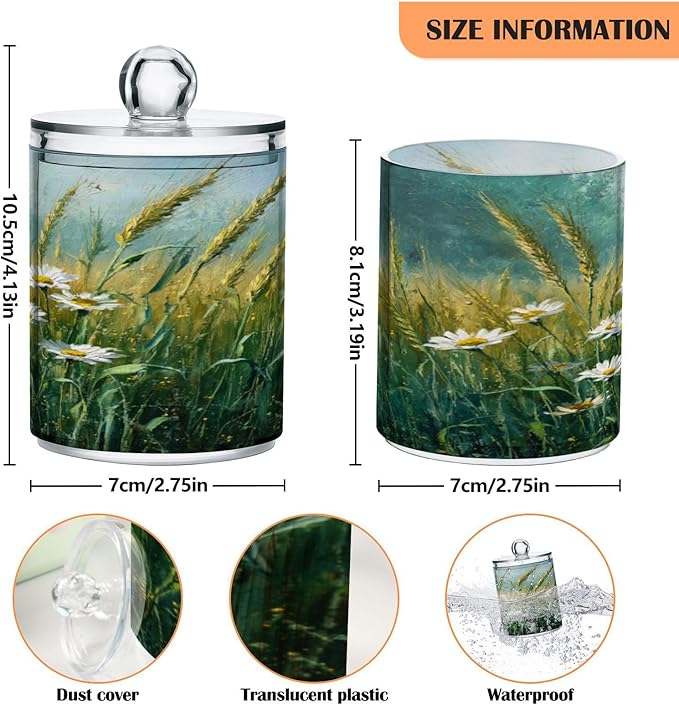 Wheat Flowers Field Pattern Bathroom Containers Holder with Lids Set Clear Jars 2 Pack Plastic Makeup Storage Organizer 4.13 x 2.75In for Balls Floss Picks Vanity