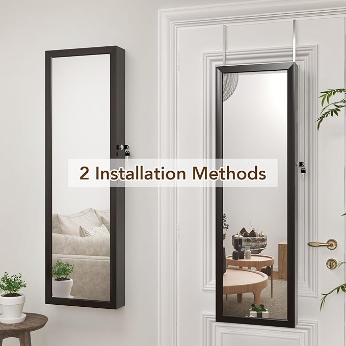 8 LED Lights Jewelry Armoire with Mirror - 47.3' H Cabinet Door Hanging/Wall Mounted Mirror With Storage And 2 Drawers - Brown