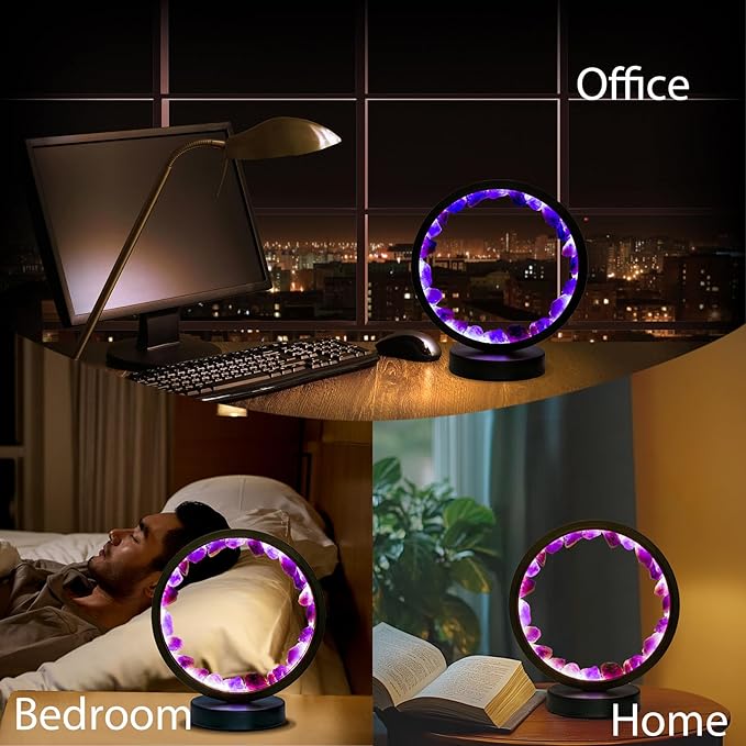 Runyangshi Amethyst Night Lamp 8.6" Natural Healing Crystal Bedside Lamp USB Port 3 Colours Dimming Mode Bedroom Lamp Suitable Night Light for Living Room Bedroom Office Home Decor Ideal Gift