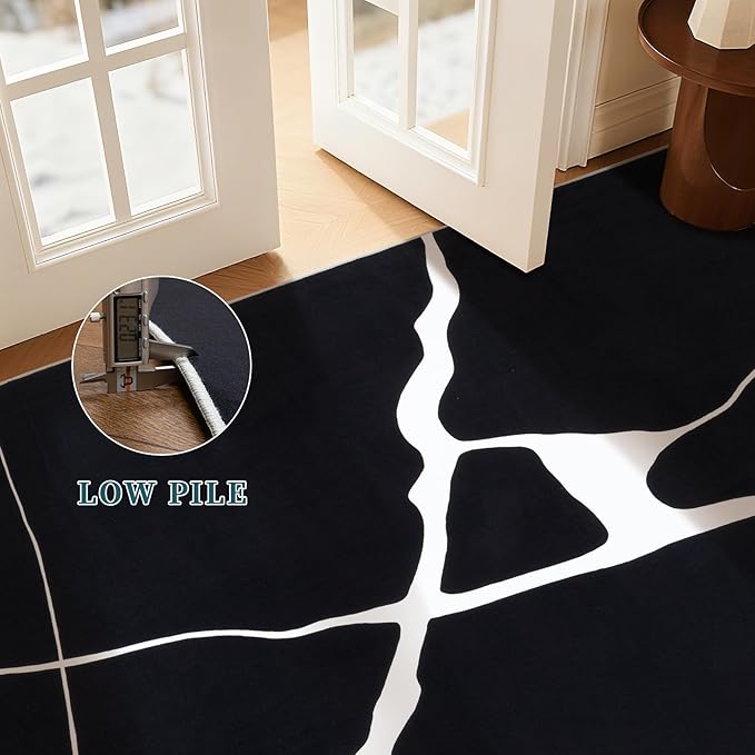 YIHOUSE Abstract Washable Rug 8x10,Ultra Thin Non Slip Black Rugs for Living Room,Modern Minimalist White Stripe Rugs for Bedroom,Dining Room Office Playroom(6'x9',Black-White)