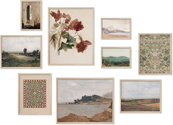 Habseligkeit Retro Prints for Wall Decor, Vintage Wall Art Prints,Aesthetic Landscape Home Decor Unframed, Set of 9