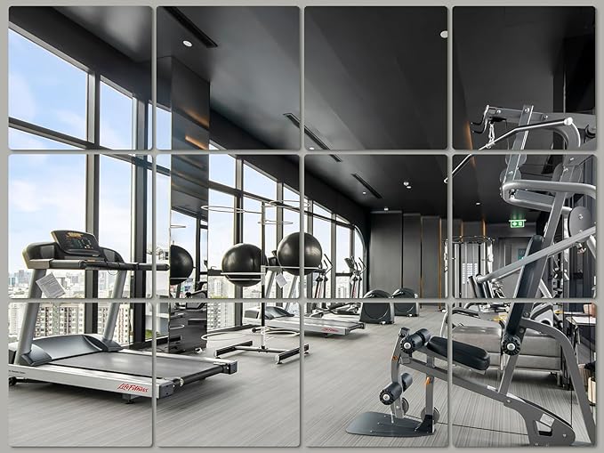 JAMBALAY Home Gym Mirrors for Gym, 12Pcs 12″×12″ Square HD Glass Full Length Wall Mirror Tiles, Self Adhesive Frameless Wall Mirror for Bedroom, Living Room, Over The Door