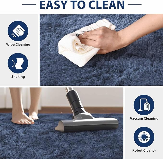 FinRèc Dark Blue Rug for Bedroom Living Room, 4x6 Feet High Pile Plush Area Rug, Non-Slip Soft Fluffy Carpet for Nursery Kids Room Dorm Room Home Decor, Indoor Fuzzy Floor Rugs