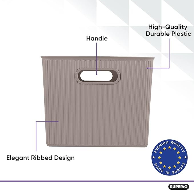 Superio Ribbed Collection - Decorative Plastic Basket Open Home Storage Bins Organizer, X-Large Taupe (1 Pack) Container Boxes for Organizing Closet Storage Bins for Shelves 22 Liter/23 Quart