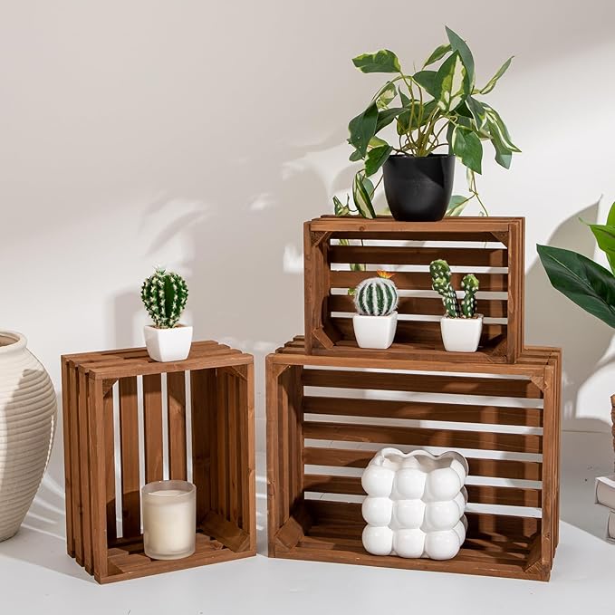 Set of 3 Nesting Wooden Storage Crates - Large Rustic Wooden Storage Crates for Display Brown Wood Container Boxes Wood Baskets for Farmhouse Flower Stand Display Rack for Shops Exhibitions Home Decor