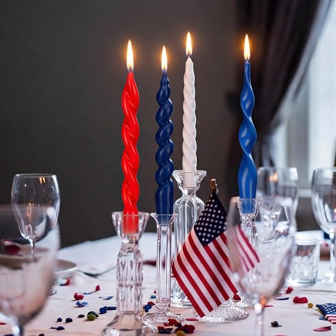 Nuanchu 4 Pcs Twisted Taper Candles Wax Unscented Smokeless Spiral Swirl Candlesticks for Wedding Holiday Dinner Party Home Decorations(7.87 Inch,Pure,Red White Blue)