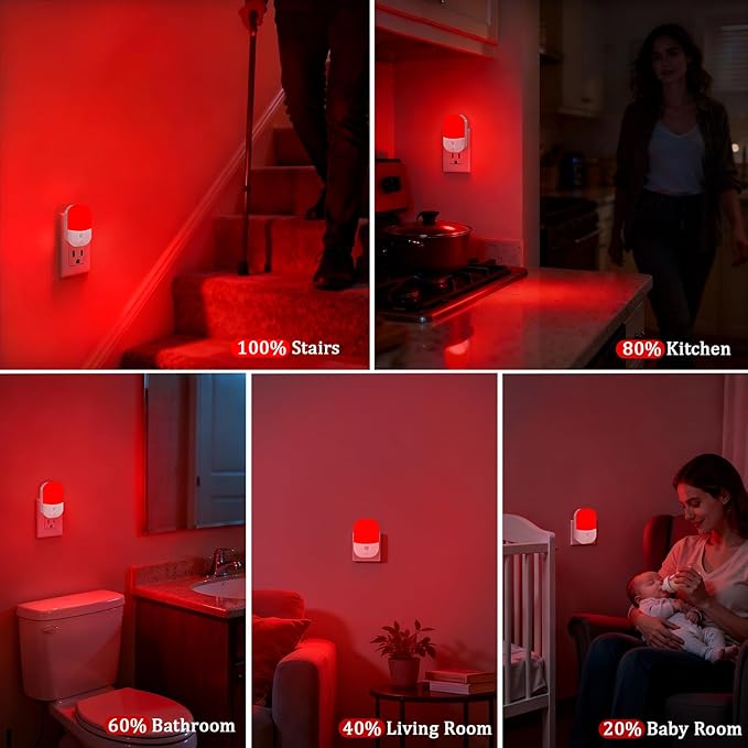 670nm Red Light Night Light for Sleep Therapy - 2 Pack, Auto Dusk to Dawn Sensor, 0.3W Dimmable & Portable LED Red Night Light Plug into Wall for Nursery Bedroom Bathroom Kitchen Hallway
