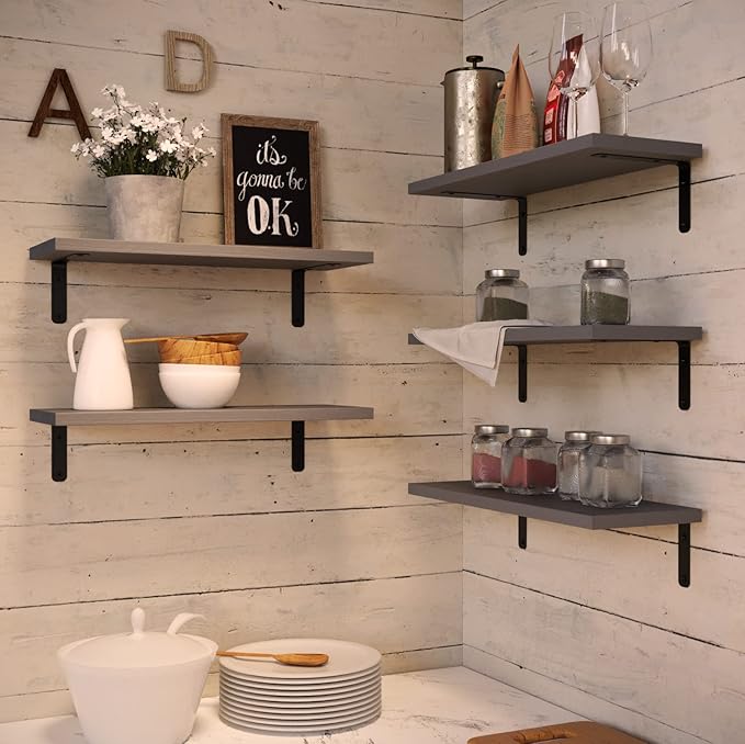 RICHER HOUSE Rustic Wood Bathroom Shelves Set of 5, Farmhouse Style Floating Shelf for Wall Décor, Hanging Shelves for Bedroom, Storage, Kitchen, Living Room - Gray