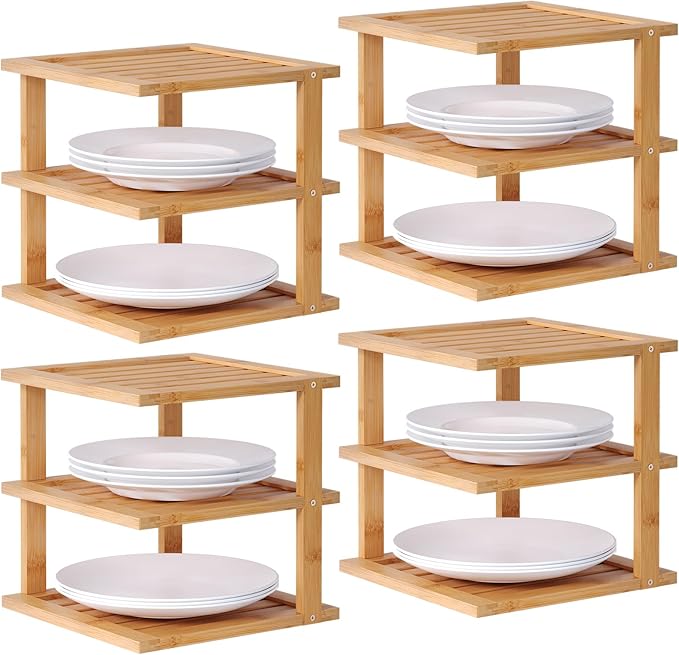 4 Pack Bamboo Corner Shelf,3 Tier Kitchen Cabinet Organizer for Plates and Dishes,Pantry Storage and Spice Rack（Natural）