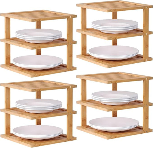 4 Pack Bamboo Corner Shelf,3 Tier Kitchen Cabinet Organizer for Plates and Dishes,Pantry Storage and Spice Rack（Natural）