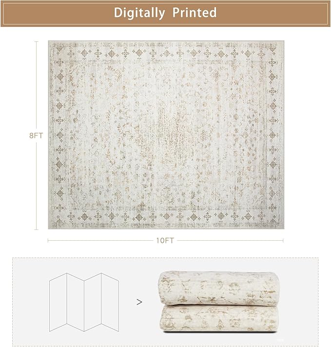 Srugn Washable Rugs 8x10 Area Rugs for Living Room,Rugs for Bedroom,Large Carpets,Ultra Soft Faux Wool Retro Dining Room Rug,Non Slip&Non-Shedding Low Pile Vintage Print Rug for Home Office-Beige