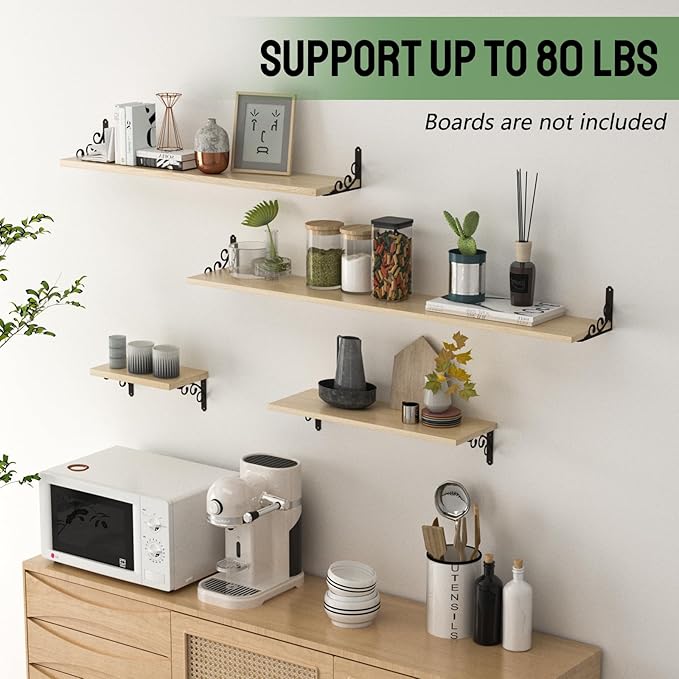 L Shelf Brackets for 12" - 14" Board, Floating Shelf Bracket Heavy Duty Metal Shelving Brackets for Shelves, Decorative Iron Rustic Wall Brackets for DIY Floating Shelf, 6 Pack Black