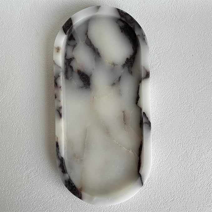 Natural Marble Oval Tray Ornaments Vintage Small Tray Storage Dish for Counter, Vanity, Dresser, Nightstand and Desk (Calacatta Purple)