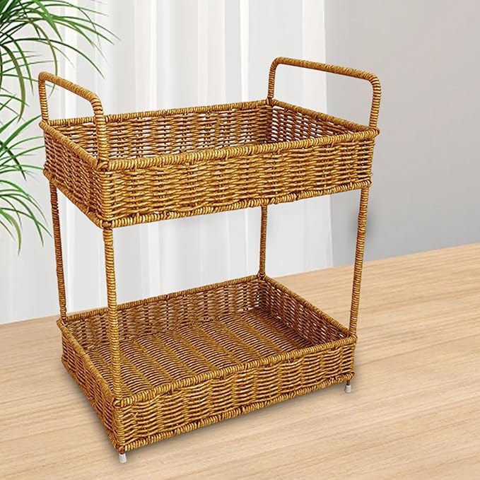 Handmade Woven Basket 2 Tier Storage Rack with Handle, Farmhouse Desk Organizer Shelf for Office Bookshelf Home Umbrellas 12.40x8.66x15.55inch