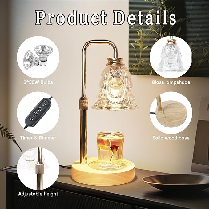 Droyek Candle Warmer Lamp with Timer Electric Adjustable Height Candle Warmer Dimmable Wax Warmer Lamp Jar Candles with 2 Bulbs for Home Decor & Office