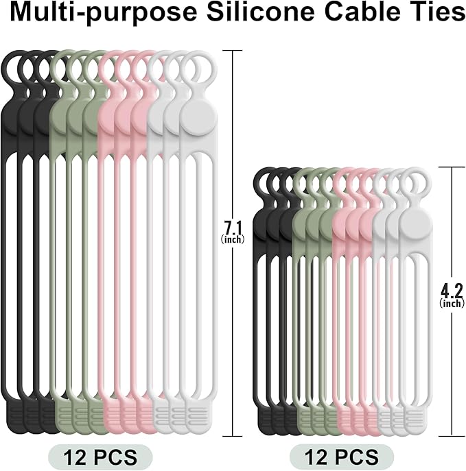 Nearockle Silicone Cable Ties Cord Organizer for Cable Management, 24PCS 4.2" and 7.1" Reusable Cable Organizer Electronic Accessories for Home, Office, Kitchen, School, Travel (4 Colors)