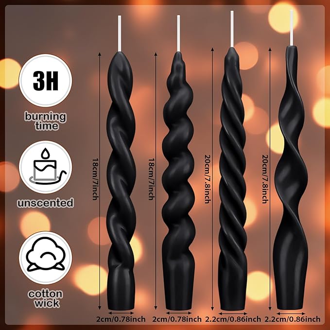 Nuanchu 4 Pcs Twisted Taper Candles Wax Unscented Smokeless Spiral Swirl Candlesticks for Wedding Holiday Dinner Party Home Decorations(7.87 Inch,Pure,Black)