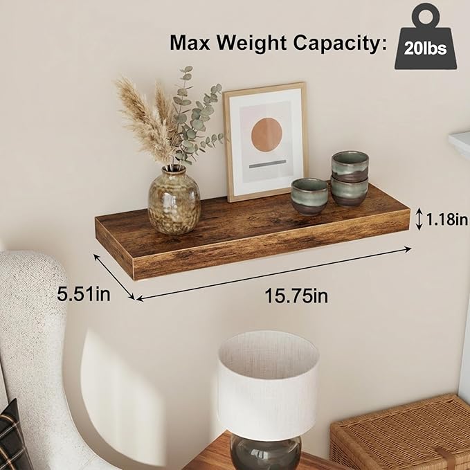 Fixwal Wood Floating Shelves, Wall Shelves Set of 4, Shelves for Wall Decor, with Invisible Brackets for Bathroom, Living Room,Bedroom and Kitchen(Rustic Brown) | Wall Shelves, for Bathroom, Living Room, Bedroom, Kitchen