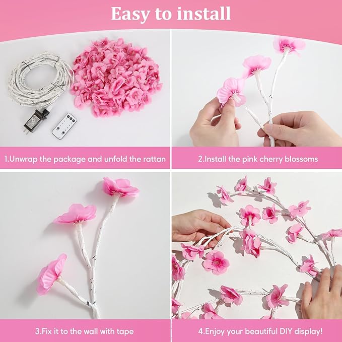 NIDISETPJAS Cherry Blossom Lights with Remote, 7.5 Ft 144 Flowers Enchanted Willow Vine Lights, 18 Branches 144 LEDs Lighted Willow Vine Tree Lights for Walls Bedroom Home Room Decor, White Branch