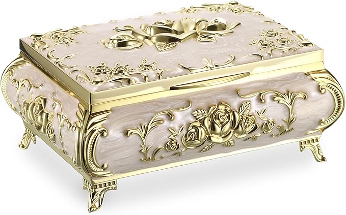 Hipiwe Metal Jewelry Organizer Box Antique Decorative Treasure Chest Keepsake Storage Case for Rings Earrings Holder Gift for Women, Medium