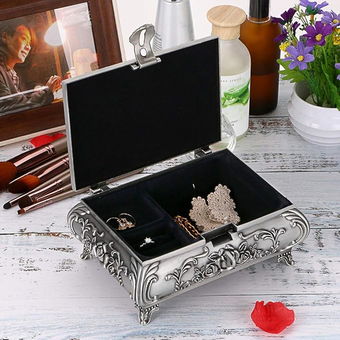 Hipiwe Vintage Metal Jewelry Box Small Trinket Jewelry Storage box For Rings Earrings Necklace Treasure Chest Organizer Antique jewelry Keepsake gift Box Case for Women (Large)