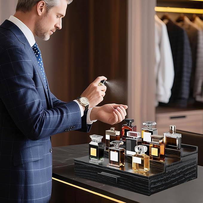 Solid Walnut Cologne Organizer for Men,Cologne Stand,3 Tier Wooden Cologne Holder Shelf Display,Perfume Stand Organizer with Drawer and Hidden Compartment,Gift for Men Dad Husband,Black