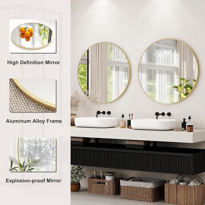 42 Inch Round Bathroom Mirror - Gold Wall Mounted Circle Mirror with Metal Frame, Modern Round Hanging Mirror Suitable for Bathroom, Vanity, Entryway, Living Room
