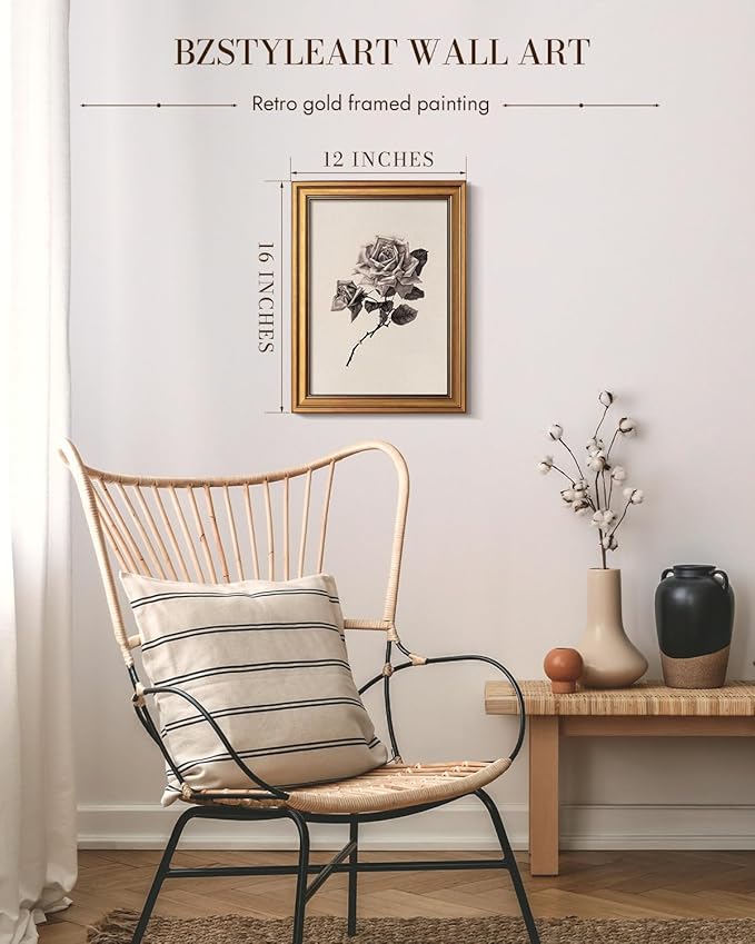Bzstyleart Vintage Wall Art Decor for Living Room, Rose Flower Canvas Prints, Gold Framed Vintage Travel Wall Art, Sketch Painting Picture, Home Decor Aesthetic Kitchen Bathroom, New York, 12L x 16W