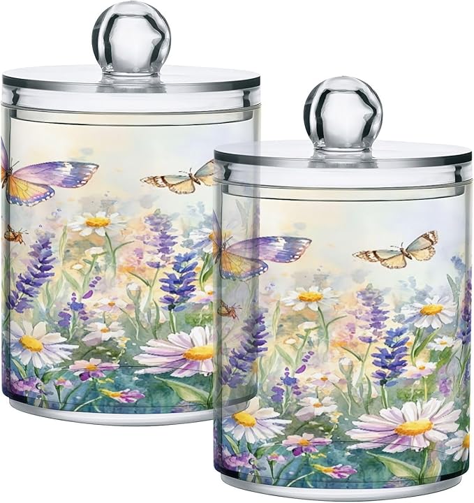 Nander 4Pack Beautiful Spring Wildflowers and Butterflies Qtip Holder Dispenser -Clear Plastic Apothecary Jars Set - Restroom Bathroom Makeup Organizers Containers for Cotton Swab, Ball, Pads, Floss