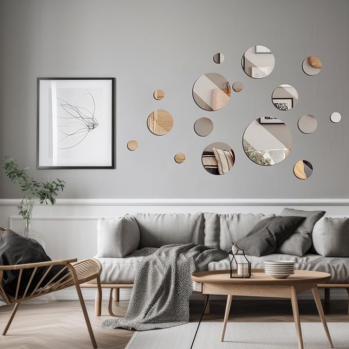 Jetec 16 Pcs Real Glass Round Mirror Tiles Frameless Round Wall Mirrors Glass Mirror Tiles Wall-Mount Mirrors with Acrylic Double Sided Adhesive for Bedroom Bathroom Craft