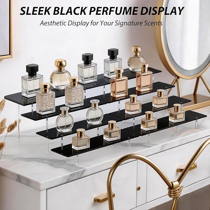 Acrylic Display Stands Risers, Perfume Cologne Organizer, Black 4 Tier Cupcake Stand Riser Shelf Compatible with Funko Pop Figures Food Dessert Makeup Skincare Cosmetics Lotion Organizer (3 PACKS)