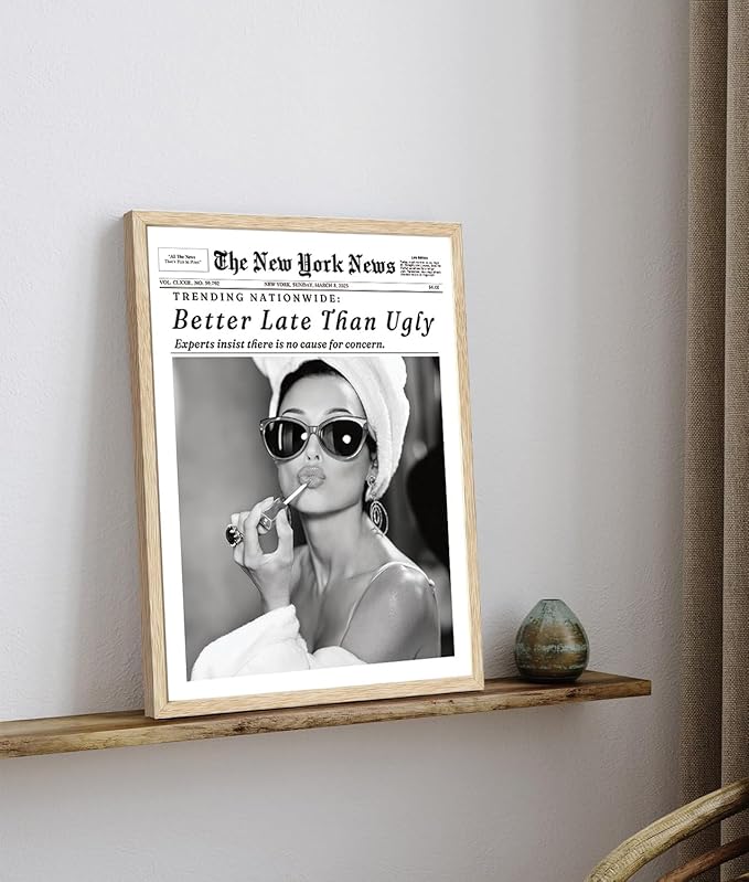 Bwodke OAK Wood Framed Wall Art Audrey Hepburn Newspaper Canvas Art Vintage Headline Pictures Wall Decor Better Late Than Ugly Prints Trendy Artwork for Girly Dorm Bedroom Bathroom 12"x16"