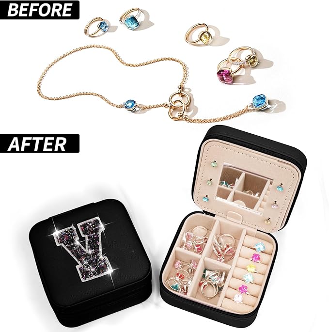 Uygafly Personalized Jewelry Case for Women Girls - Fashion Mini Jewelry Boxes - Trendy Travel Jewelry Organizer with Initials Letter - Teen Gifts | Black,V